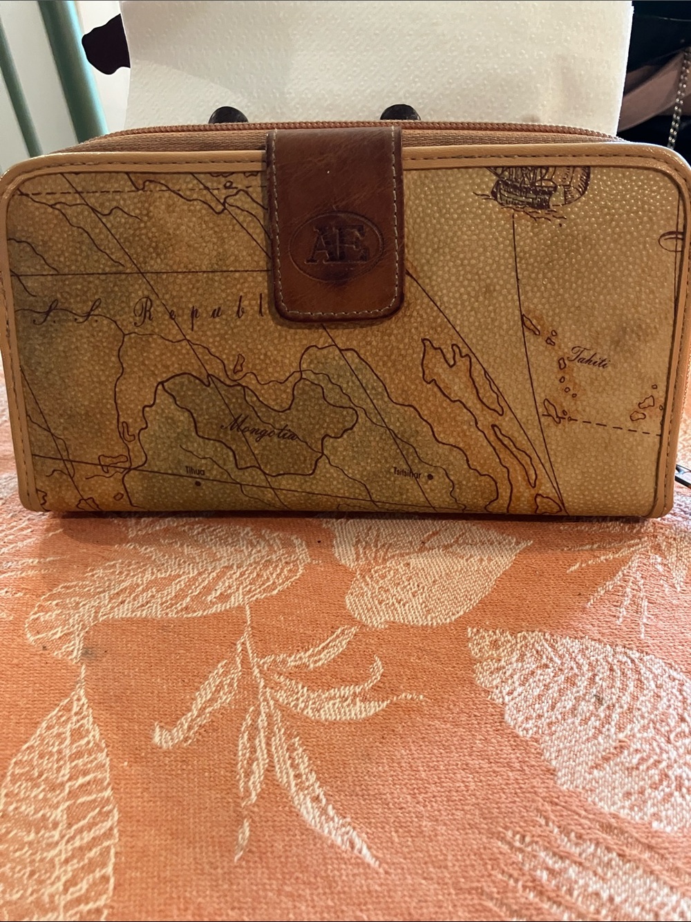 Allen Edmonds Tan Map-Print Travel Wallet with Brown Leather Trim